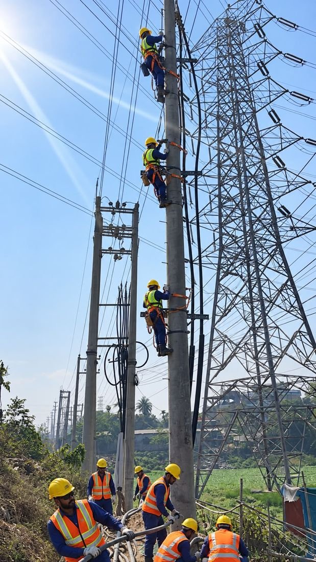 Linesmen building a 33/11 kV line beside a transmission tower