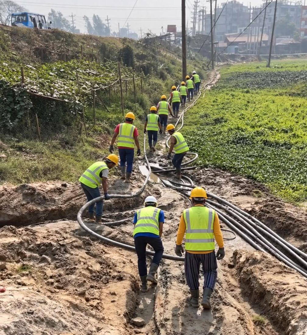 R. M. Corporation crew laying underground cable across open land