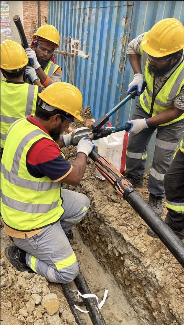 Technicians in helmets and safety vests jointing an underground power cable