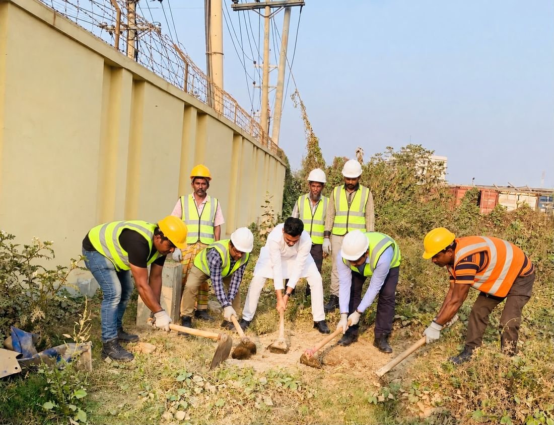 Team breaking ground beside a boundary wall at the start of a project